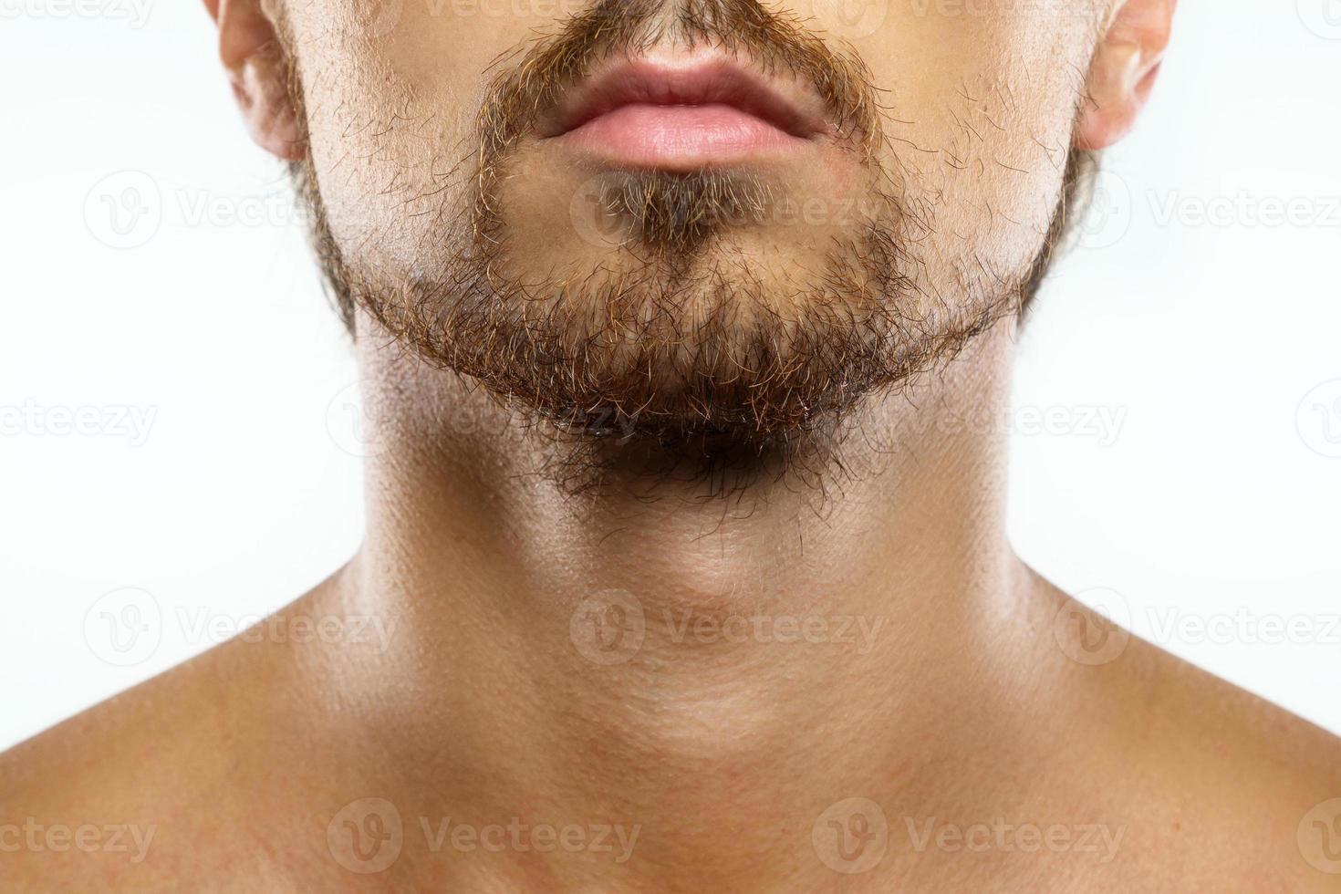 Closeup of male face with unshaved man with a unkempt beard photo