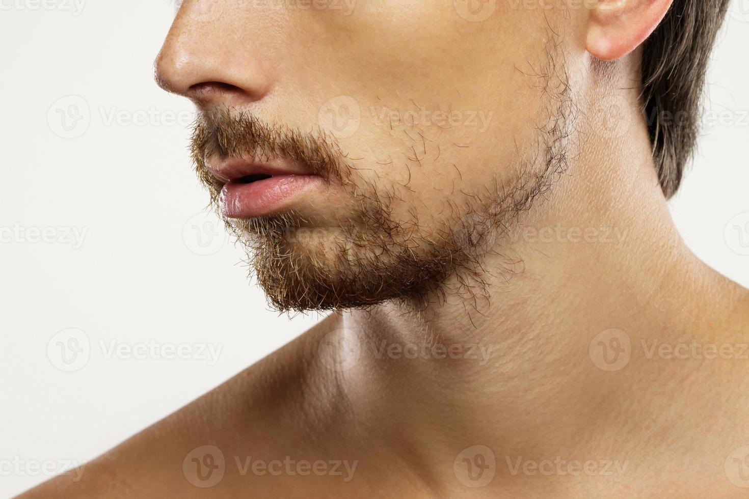 Closeup of male face with unshaved man with a unkempt beard photo