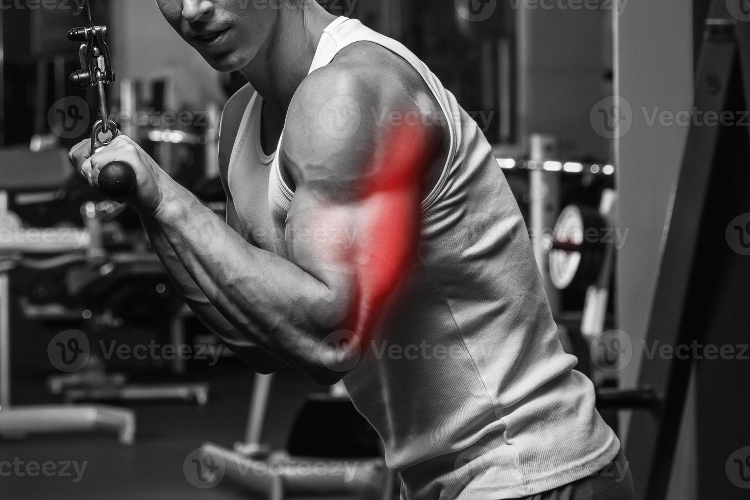 tríceps especialización en musculación. hombre durante el entrenamiento en el gimnasio foto