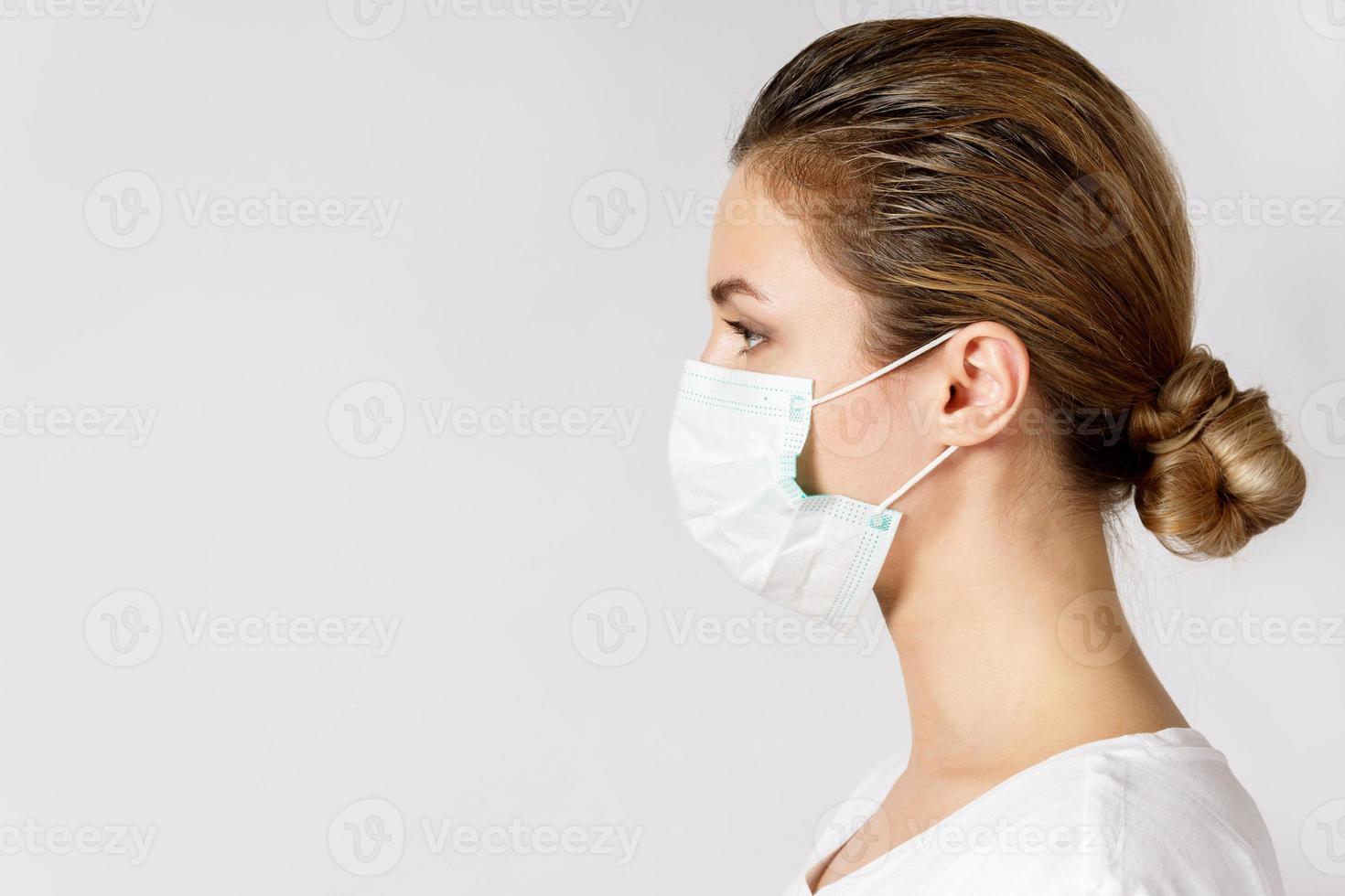 Young woman is wearing a face mask for protection against virus photo