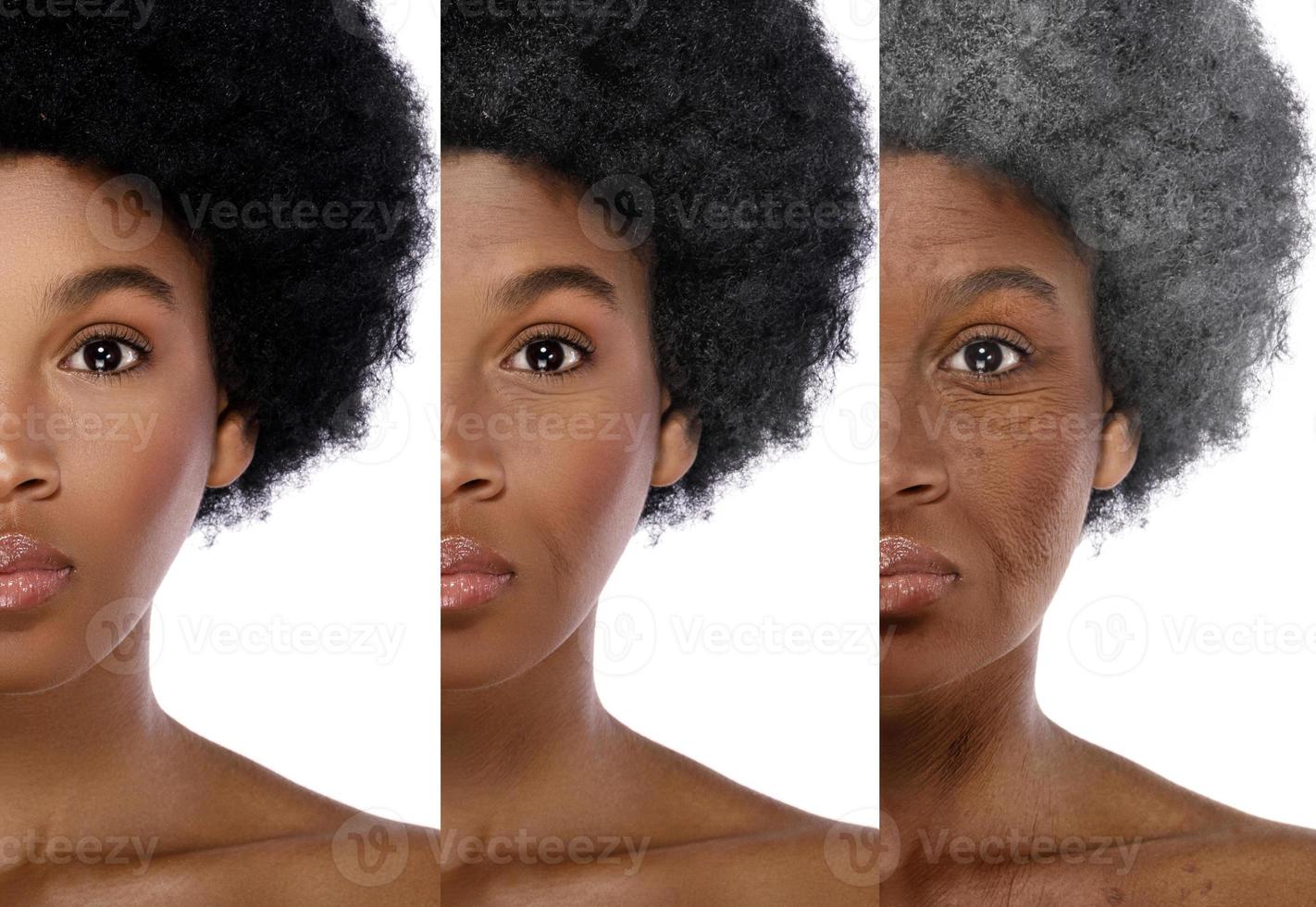 Comparison of young and elderly. African woman on white background. photo