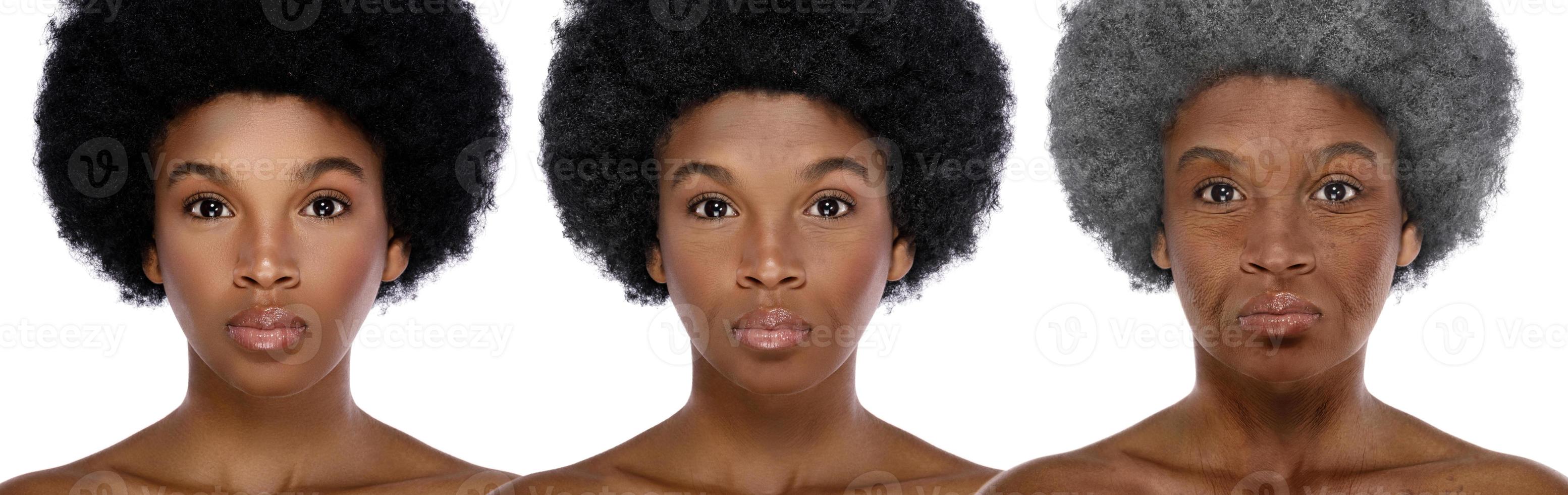 Comparison of young and elderly. African woman on white background. photo