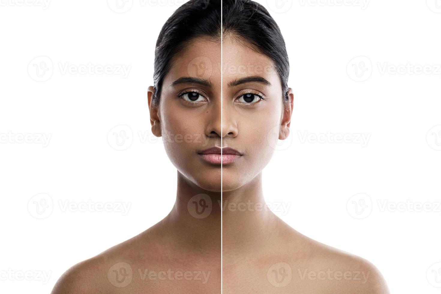 Indian woman and result of skin whitening treatment photo