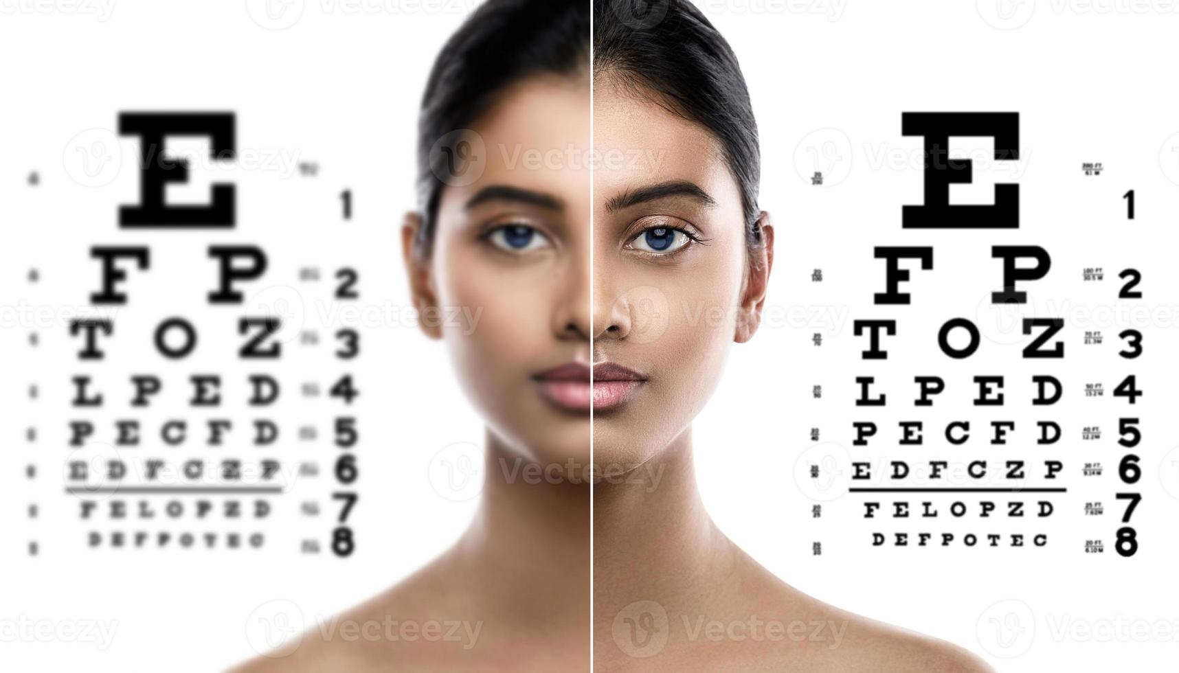 Indian woman and eye chart for sight test photo