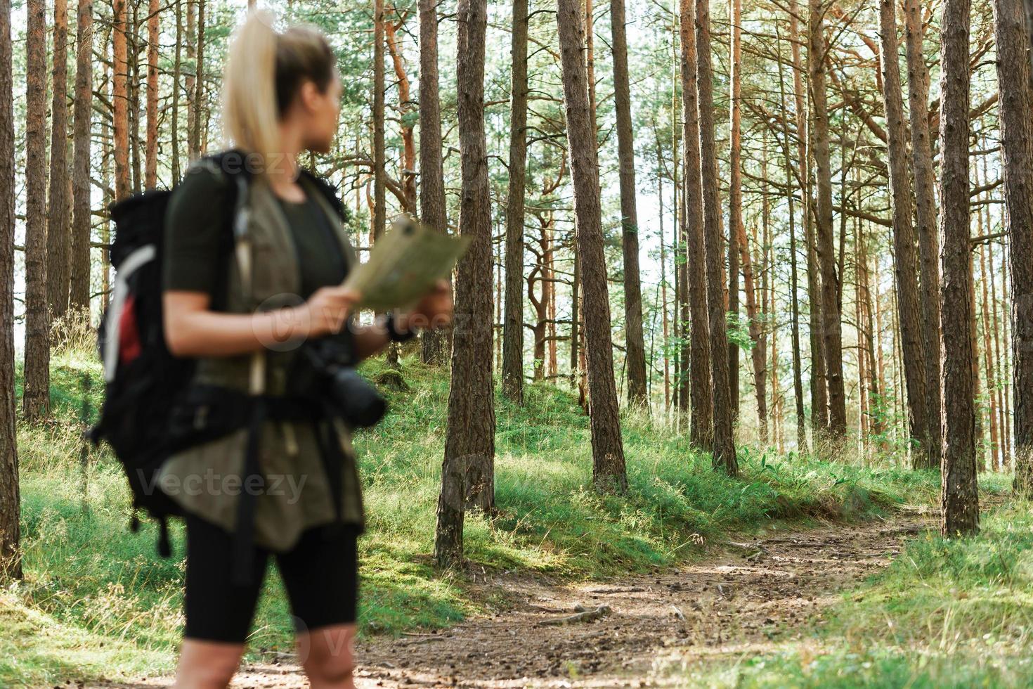 Woman hiker with big backpack using map for orienteering in the forest. Focus on the trees. photo