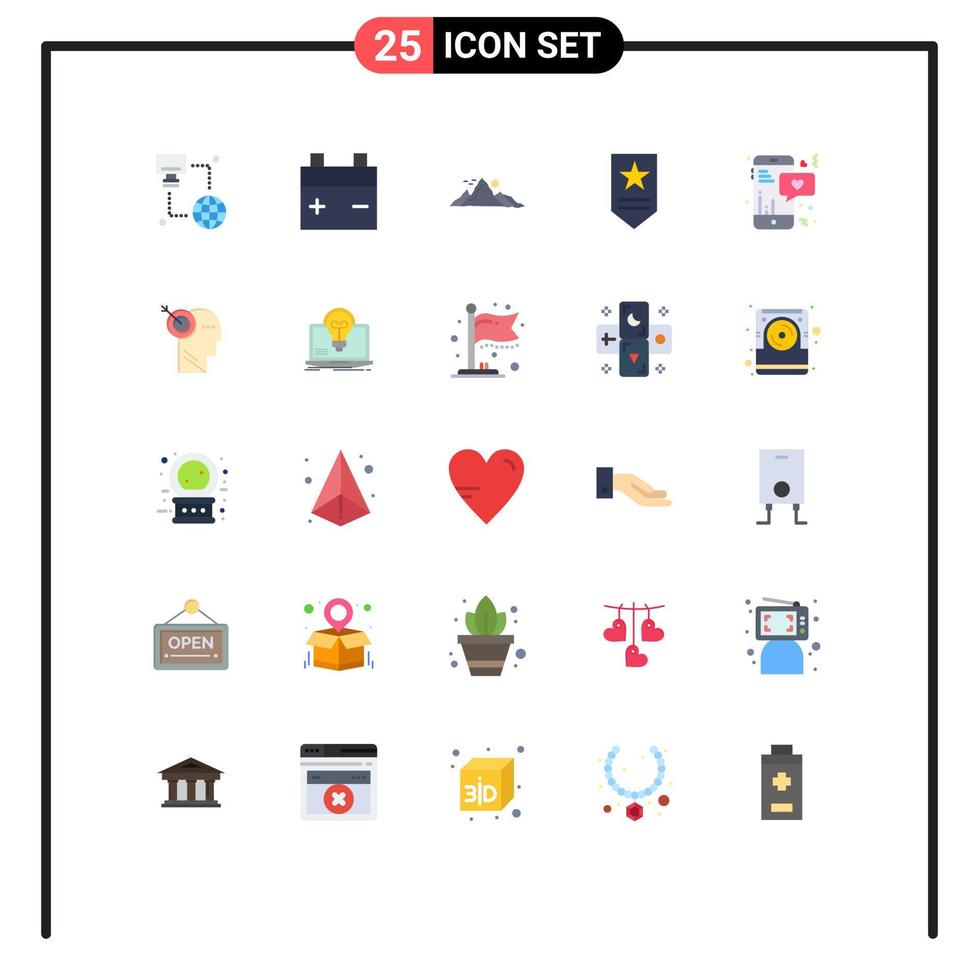 User Interface Pack of 25 Basic Flat Colors of chat love landscape rank insignia Editable Vector Design Elements