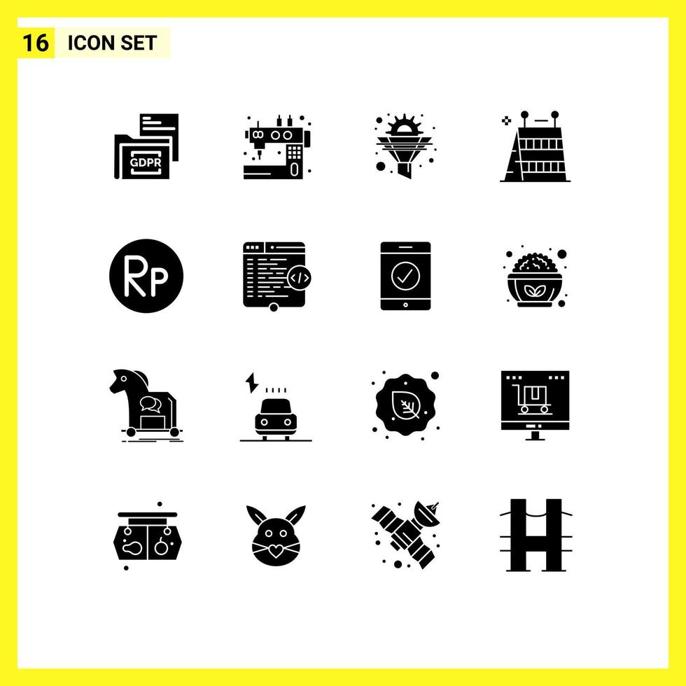 16 Thematic Vector Solid Glyphs and Editable Symbols of equipment barrier sewing optimization funnel Editable Vector Design Elements