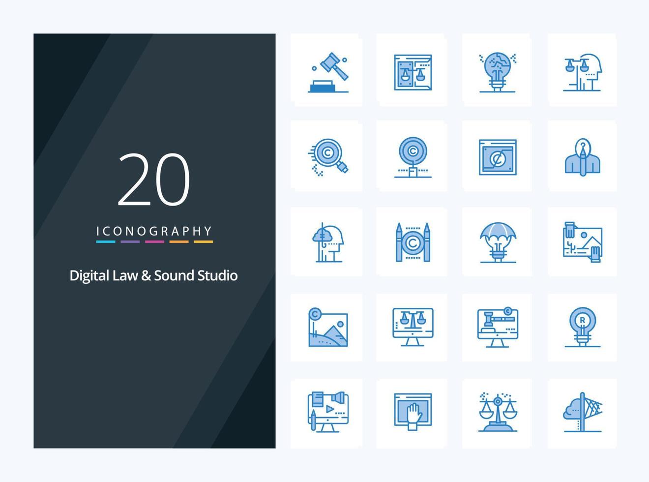 20 iconos de color azul de estudio de derecho y sonido digital para presentación vector