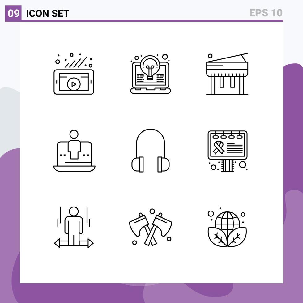 Group of 9 Modern Outlines Set for headphones technology light laptop computer Editable Vector Design Elements