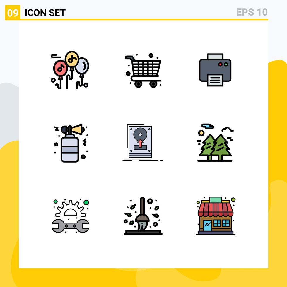 9 User Interface Filledline Flat Color Pack of modern Signs and Symbols of save drive printed install night Editable Vector Design Elements