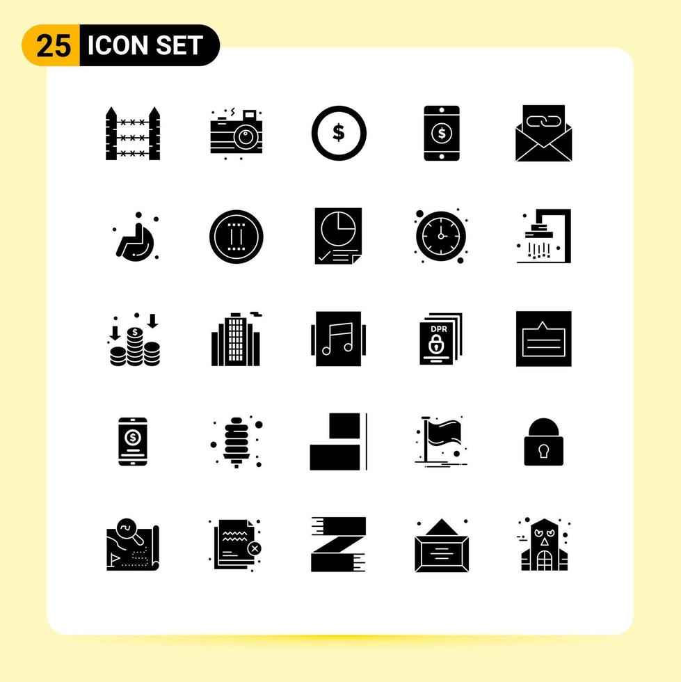 Solid Glyph Pack of 25 Universal Symbols of contact sign party mobile finance Editable Vector Design Elements