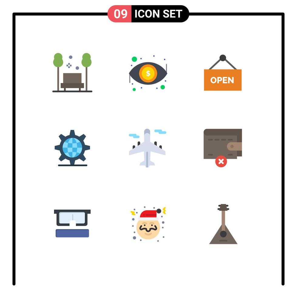 9 Universal Flat Color Signs Symbols of plane setting view server gear Editable Vector Design Elements
