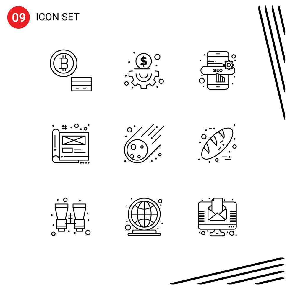 Stock Vector Icon Pack of 9 Line Signs and Symbols for baking meteorite art asteroid file Editable Vector Design Elements