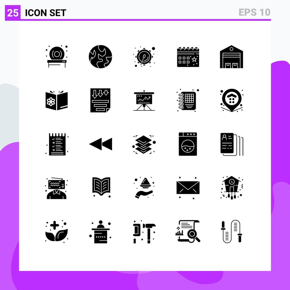 conjunto moderno de 25 pictogramas de glifos sólidos de la noche de entrega del desfile logístico de la tienda elementos de diseño vectorial editables vector