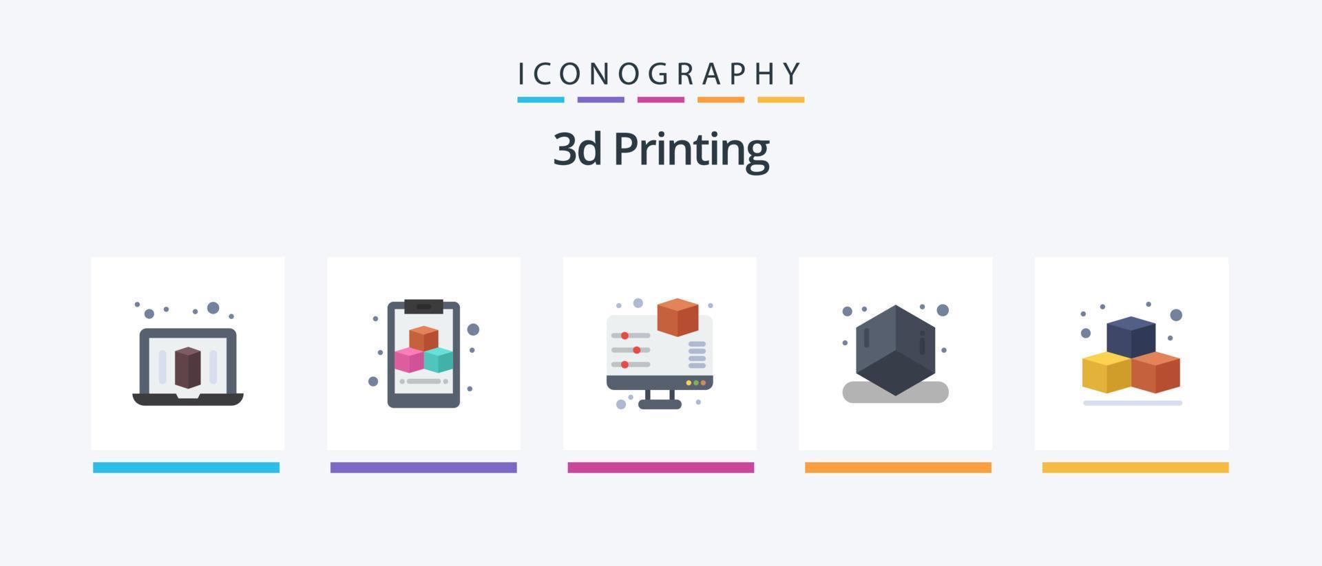 Paquete de 5 iconos planos de impresión 3d que incluye. caja. avance. 3d. impresión. diseño de iconos creativos vector