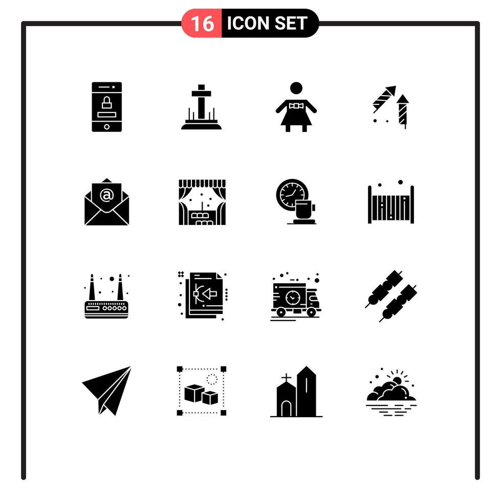 Set of 16 Commercial Solid Glyphs pack for open email bow tie firecracker china Editable Vector Design Elements
