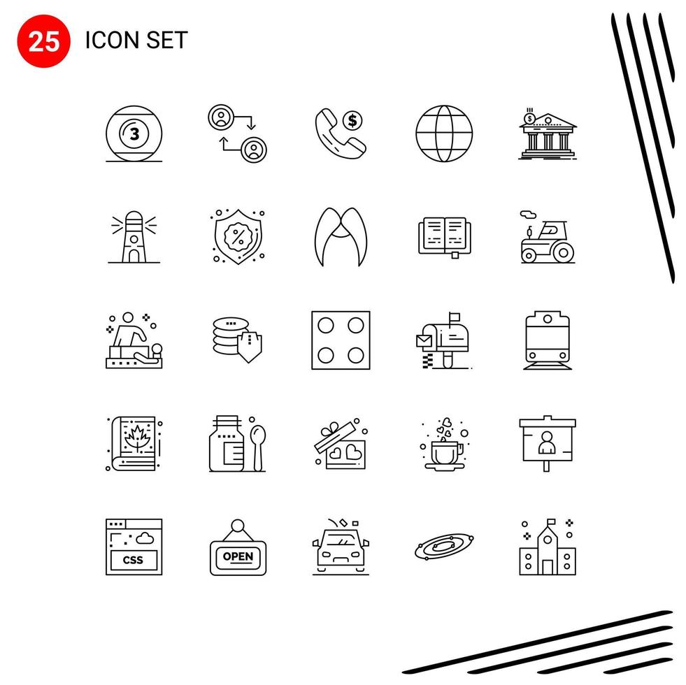 User Interface Pack of 25 Basic Lines of building bank ecommerce architecture globe Editable Vector Design Elements