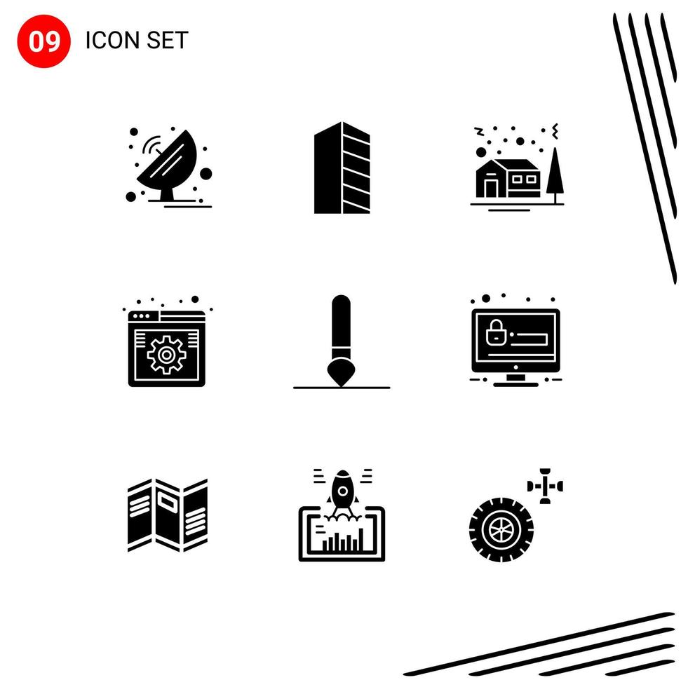 9 Thematic Vector Solid Glyphs and Editable Symbols of settings online landscape internet house Editable Vector Design Elements