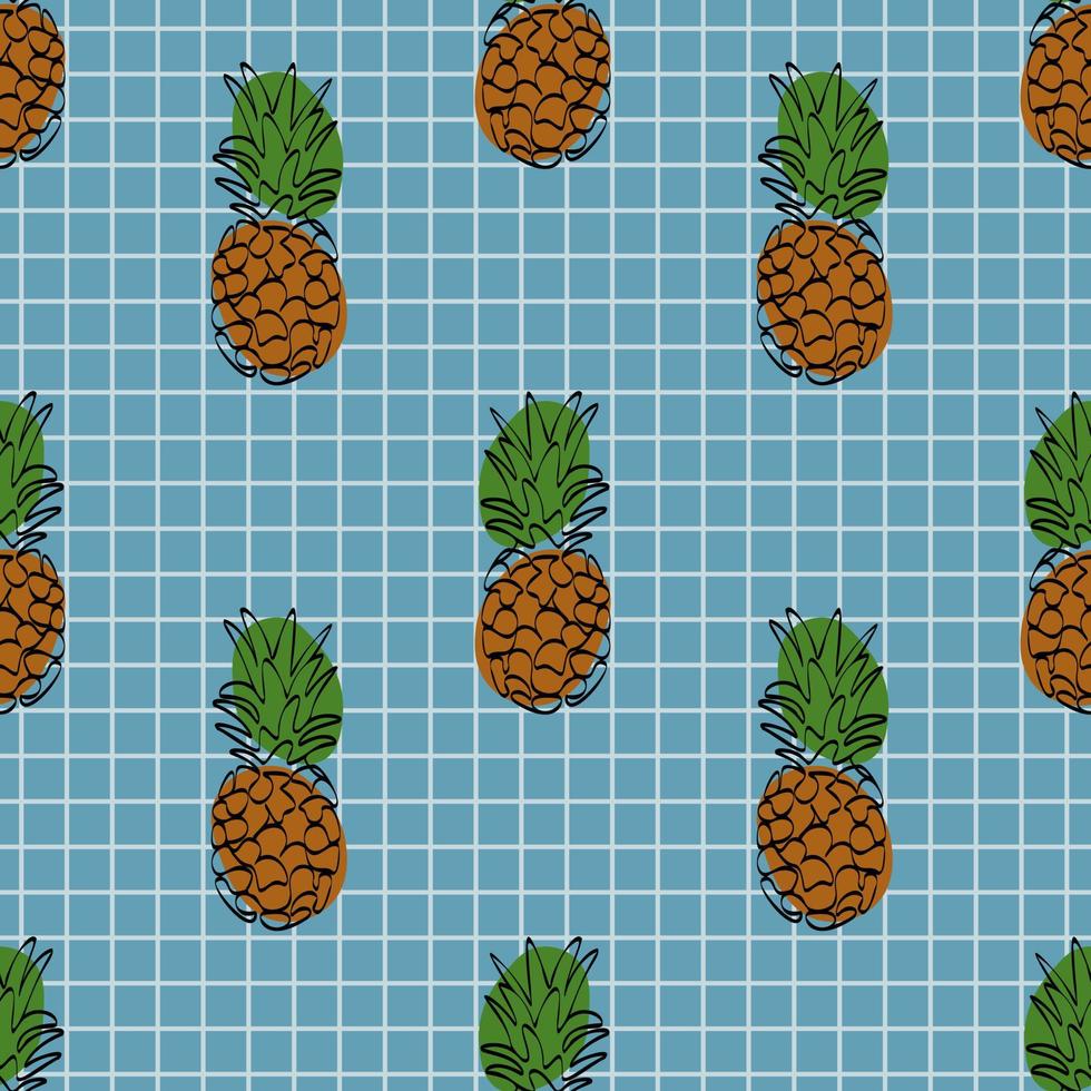 Seamless pattern with pineapple on blue background. Continuous one line drawing pineapple. Black line art on blue background with colorful spots. Vegan concept vector