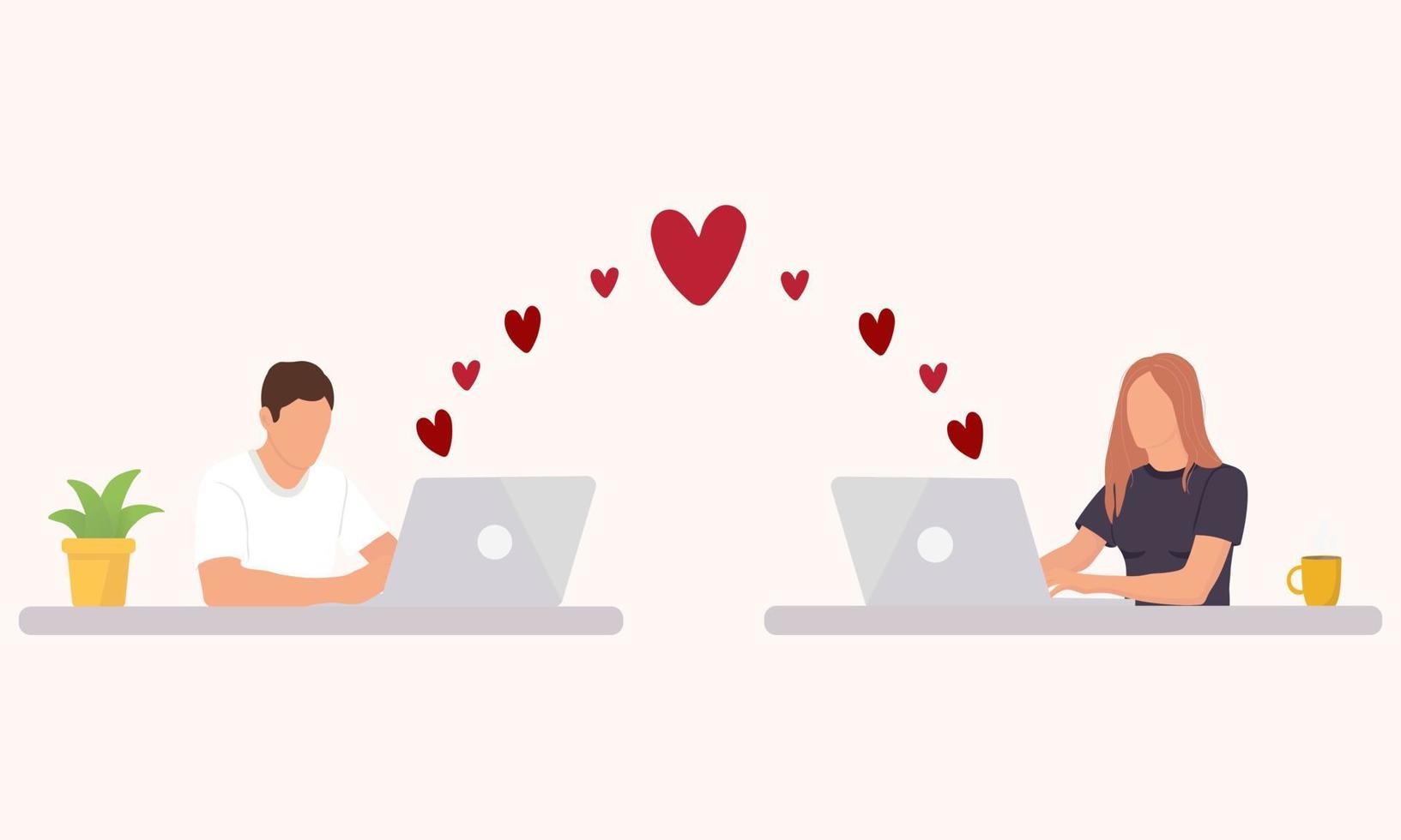 Man and girl communicate on Internet. Romantic couple having conversation on internet. Distance relationship and virtual love. vector