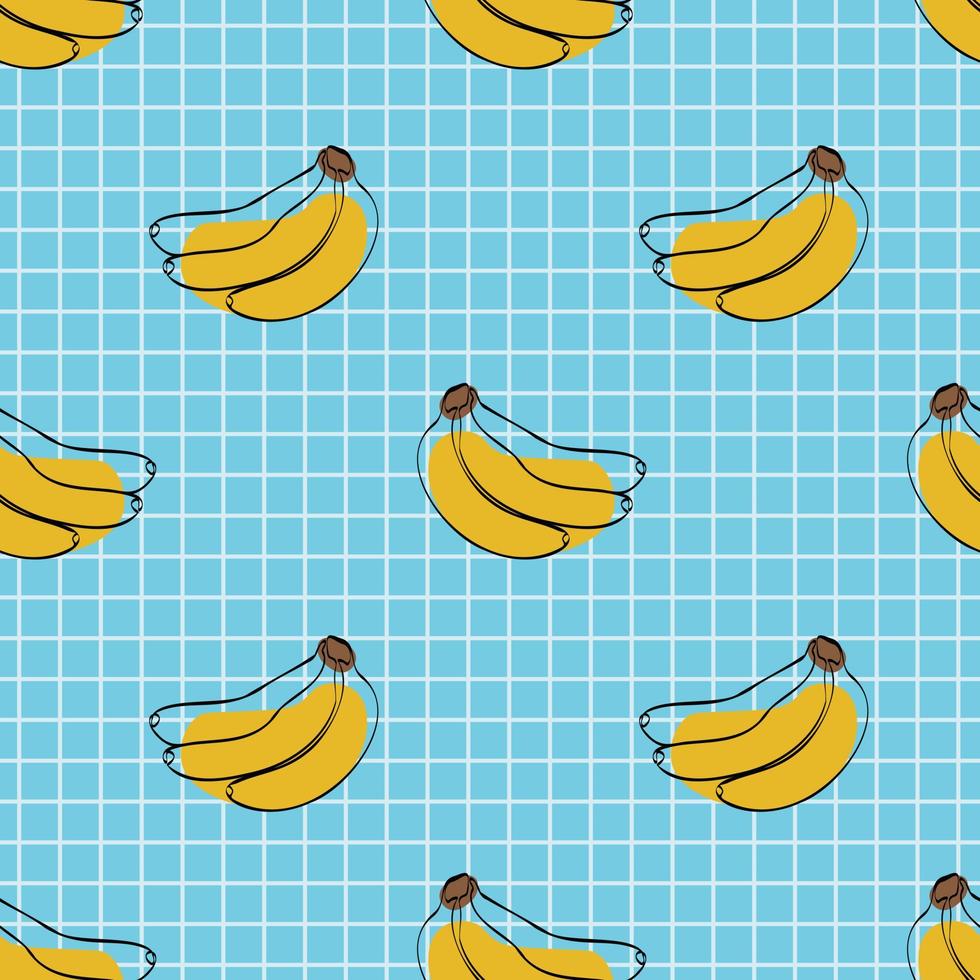 Seamless pattern with banana on blue background. Continuous one line drawing banana. Black line art on blue  background with colorful spots. Vegan concept vector