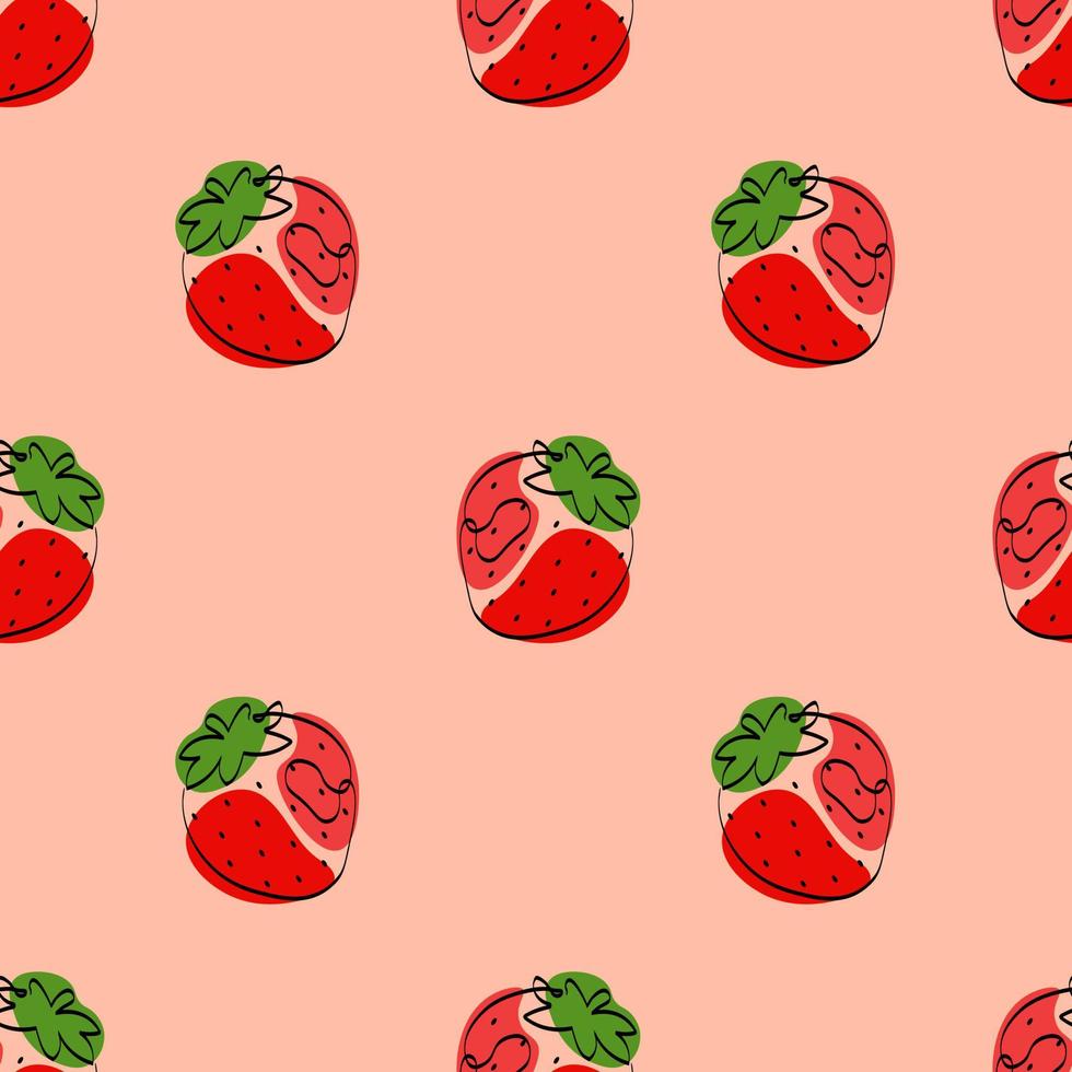 Seamless pattern with strawberry. Continuous one line drawing strawberry. Black line art with colorful spots. Vegan concept vector