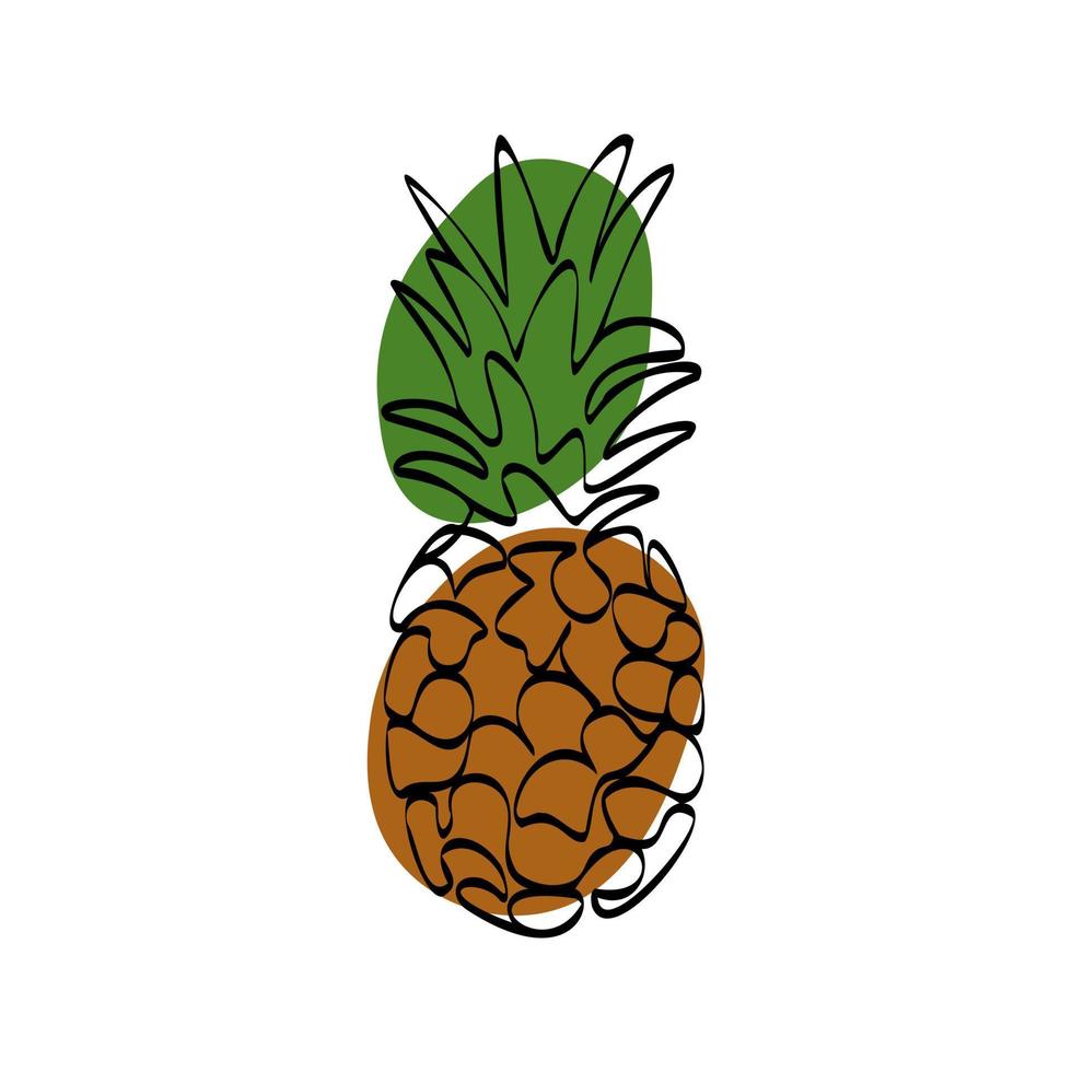 Continuous one line drawing pineapple. Vector illustration. Black line art on white background with colorful spots. Cartoon pineapple isolated on white background. Vegan concept