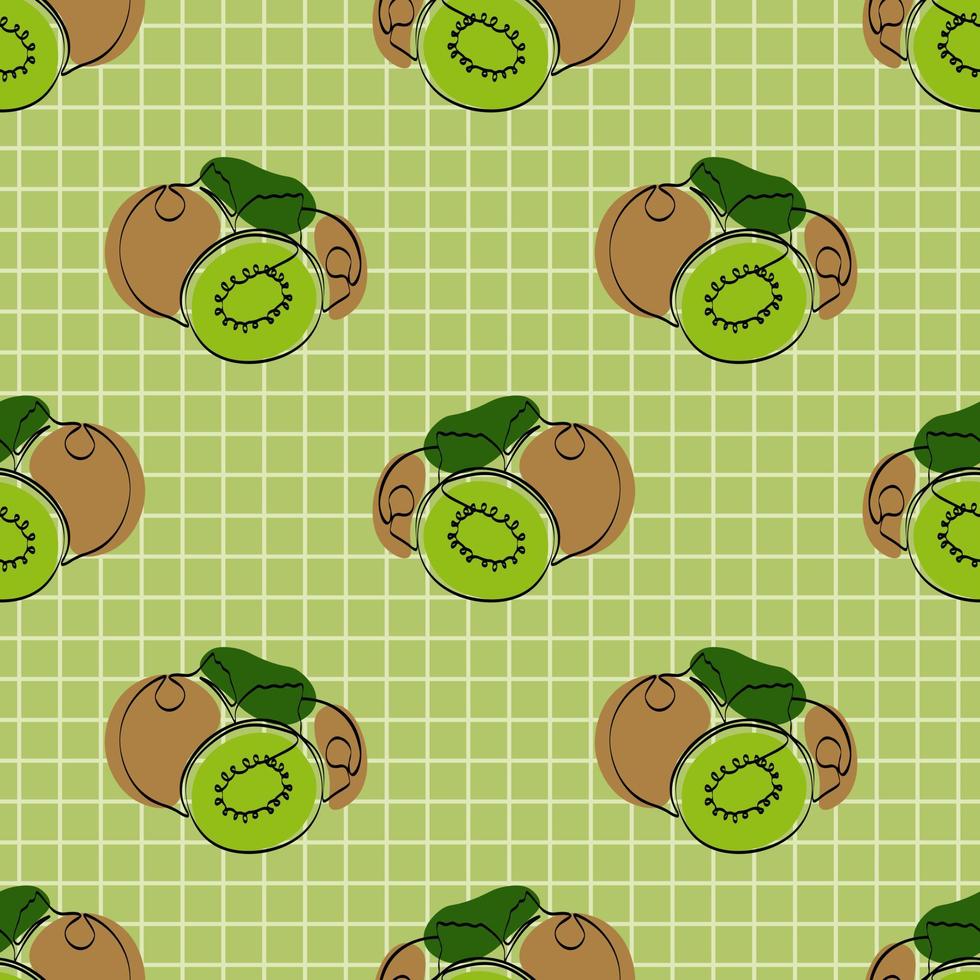 Seamless pattern with kiwi on green background. Continuous one line drawing kiwi. Black line art on green  background with colorful spots. Vegan concept vector
