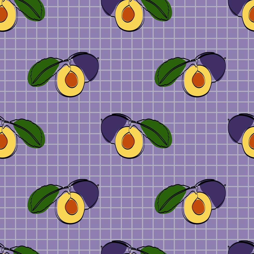 Seamless pattern with plum on blue background. Continuous one line drawing plum. Black line art on blue background with colorful spots. Vegan concept vector