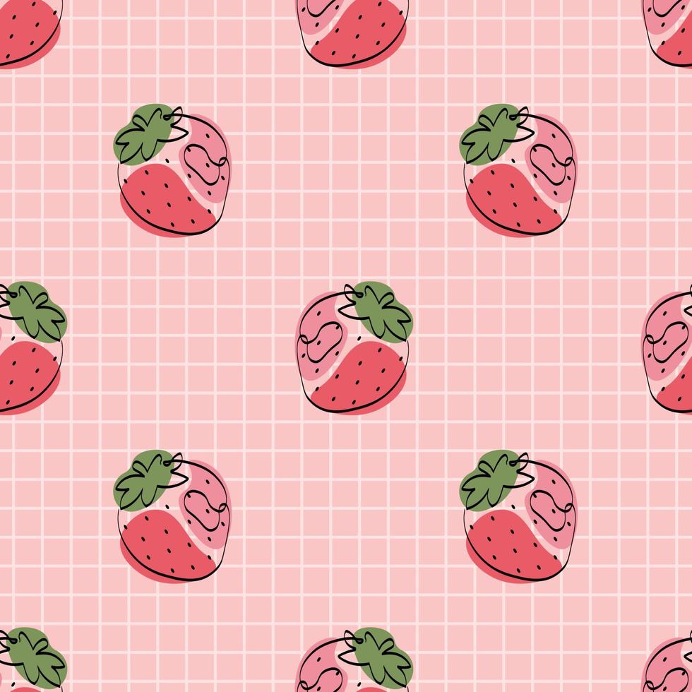 Seamless pattern with strawberry. Continuous one line drawing strawberry. Black line art with colorful spots. Vegan concept vector