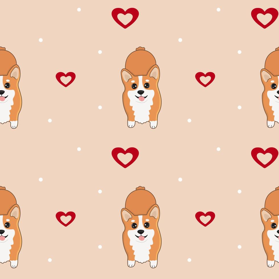 Seamless pattern with corgis and hearts. Background for wrapping paper, greeting cards and seasonal design. Happy Valentine's Day. vector