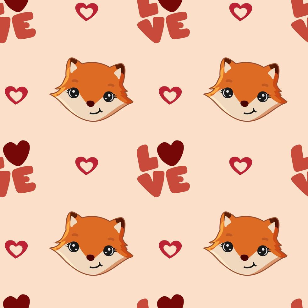 Lovely pattern with fox and hearts. Vector holiday background. Valentine's Day. Gift wrap, print, cloth, cute background for a card.