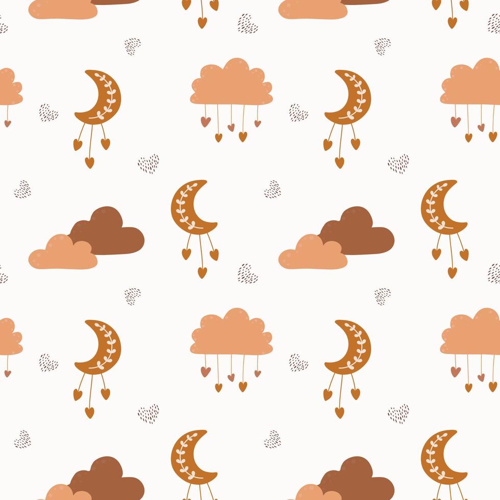 Lovely pattern with hearts, clouds, moon. Vector holiday background. Valentine's Day. Gift wrap, print, cloth, cute background for a card.