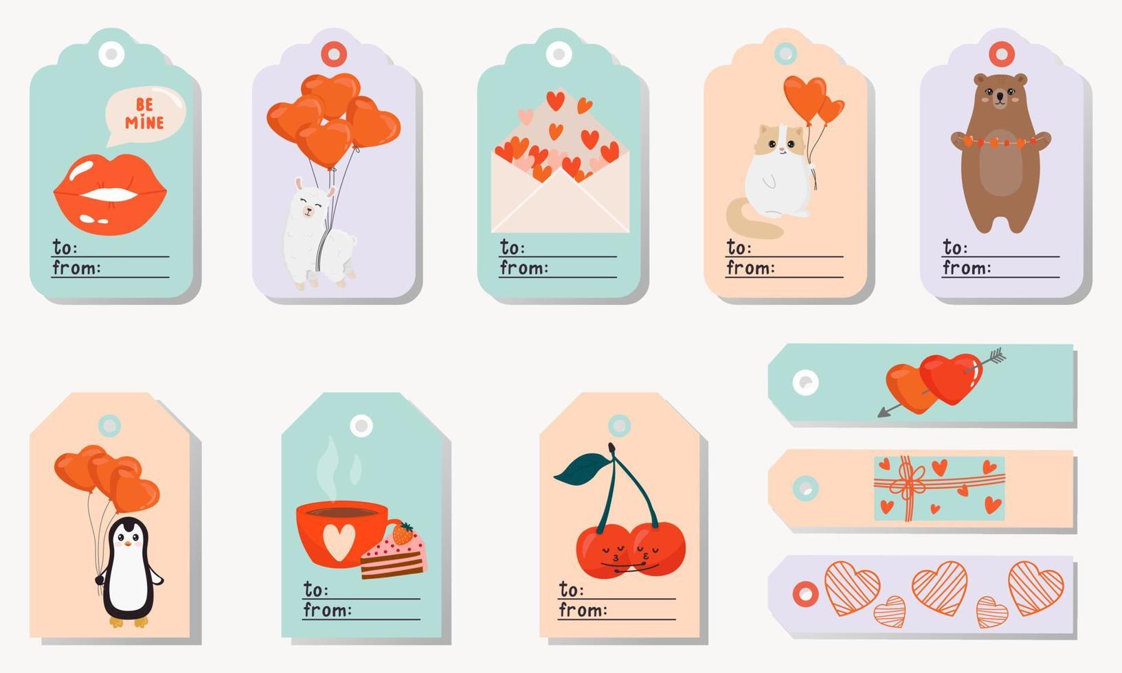 conjunto de etiquetas brillantes del día de san valentín con personajes lindos. ilustración de tarjetas de felicitación imprimibles. diseño brillante para el día de san valentín en colores pastel. vector