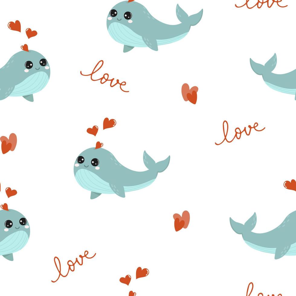 Seamless pattern with cute blue whale with hearts. Background for wrapping paper, greeting cards and seasonal designs. Happy Valentine's day. vector