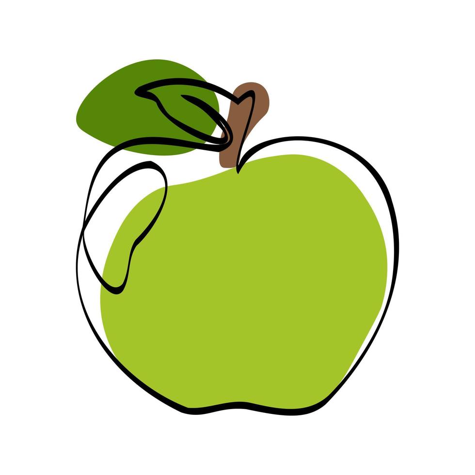 Continuous one line drawing apple. Vector illustration. Black line art on white background with colorful spots.