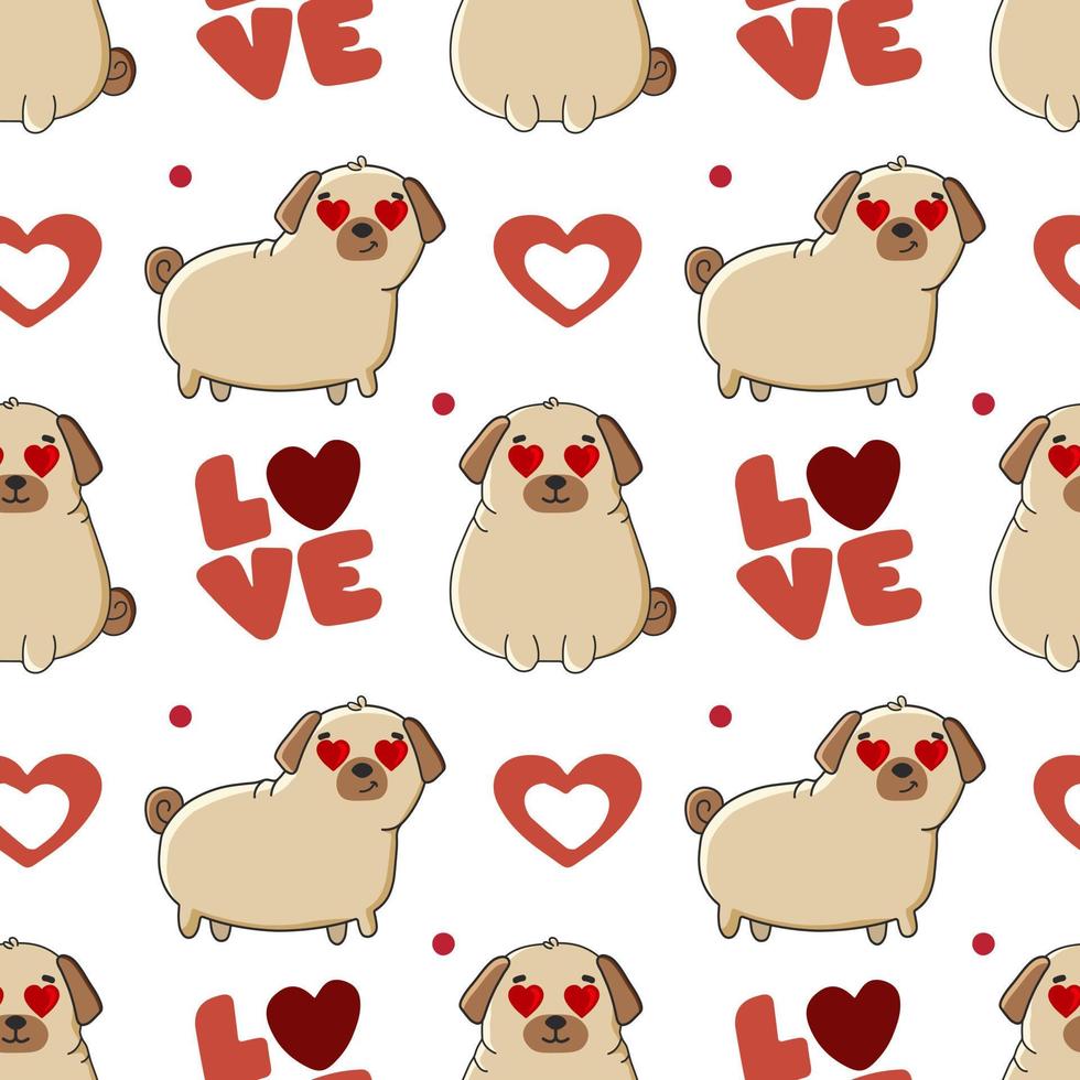 Seamless pattern with cute dog breed pug and hearts on white background. vector