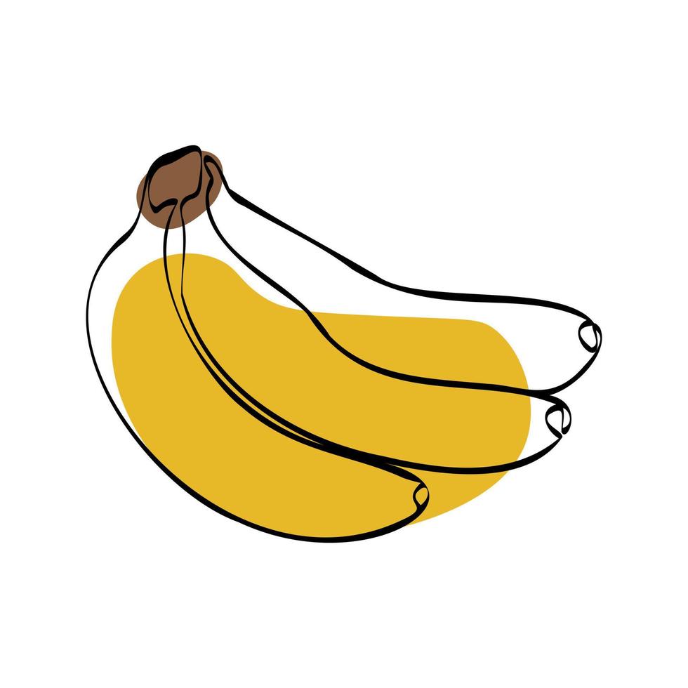 Continuous one line drawing banana. Vector illustration. Black line art on white background with colorful spots. Cartoon banana isolated on white background. Vegan concept