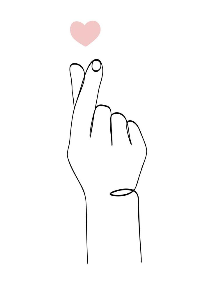 Continuous one line drawing with hand and heart. Korean heart drawn by fingers.Vector illustration. Black line art on white background. vector
