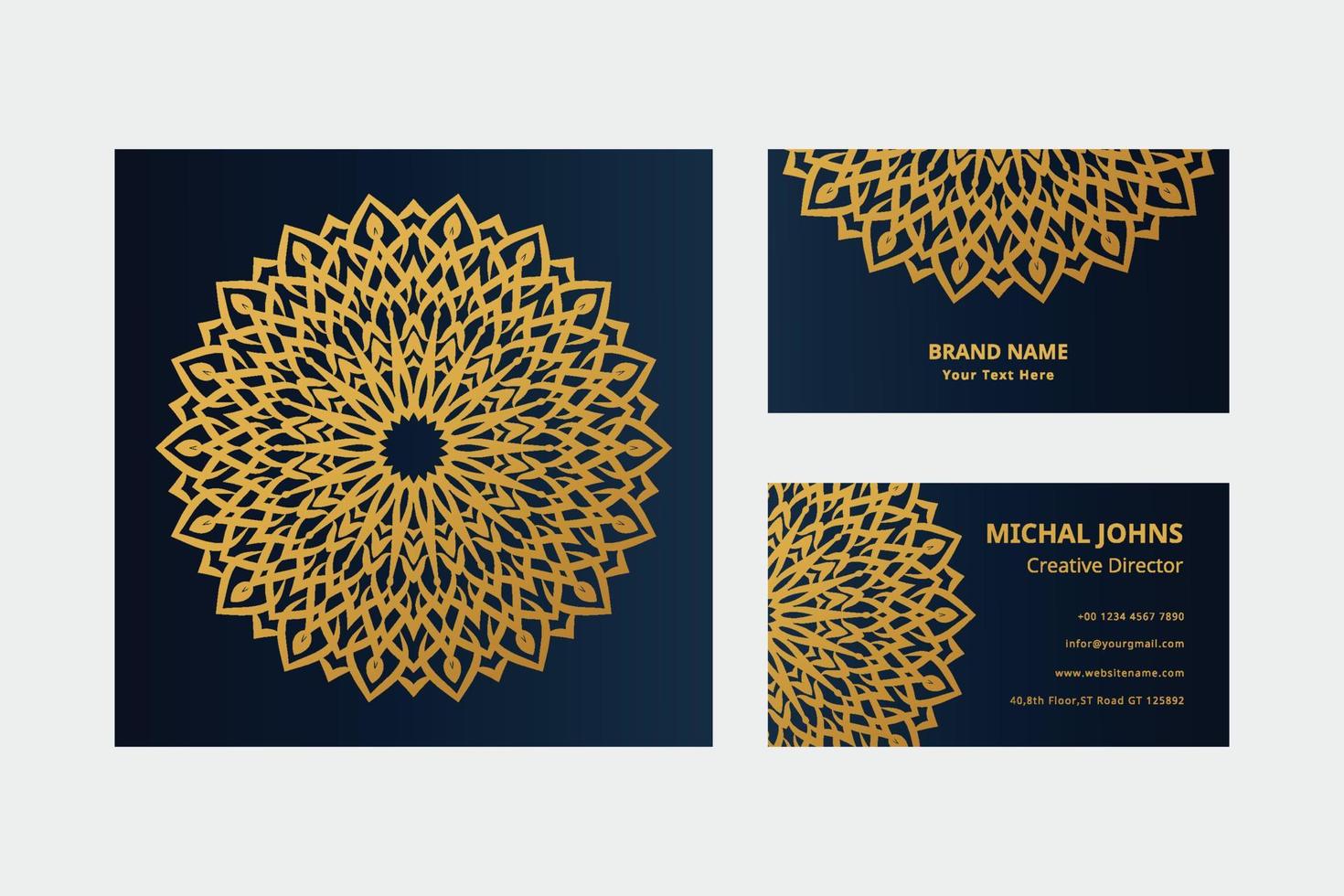 Gold business cards with flower oriental mandala free vector