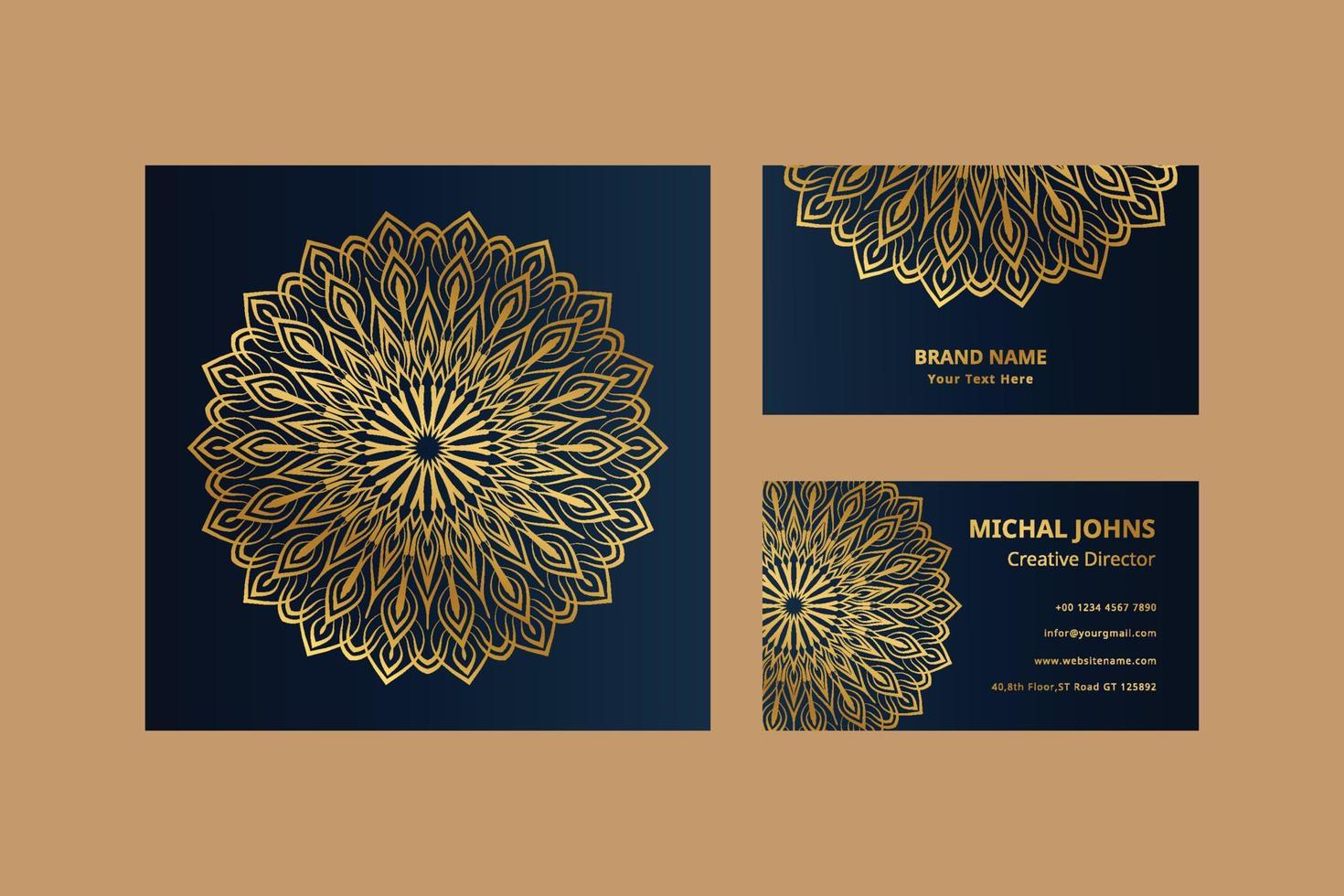 tarjetas de presentacion doradas con flor mandala oriental gratis vector