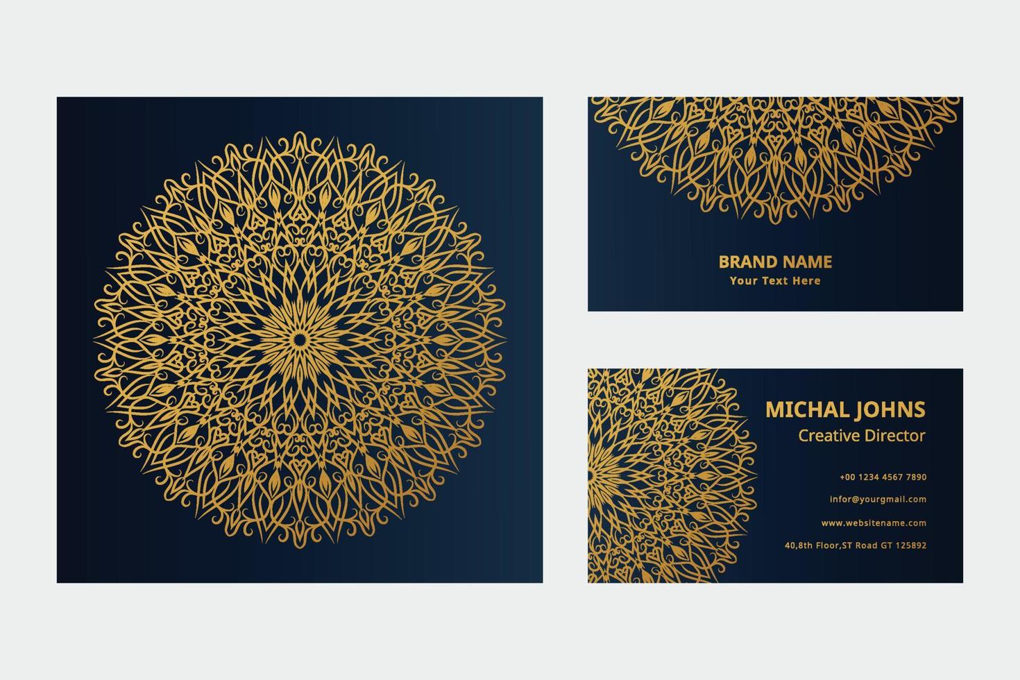 Gold business cards with flower oriental mandala free vector