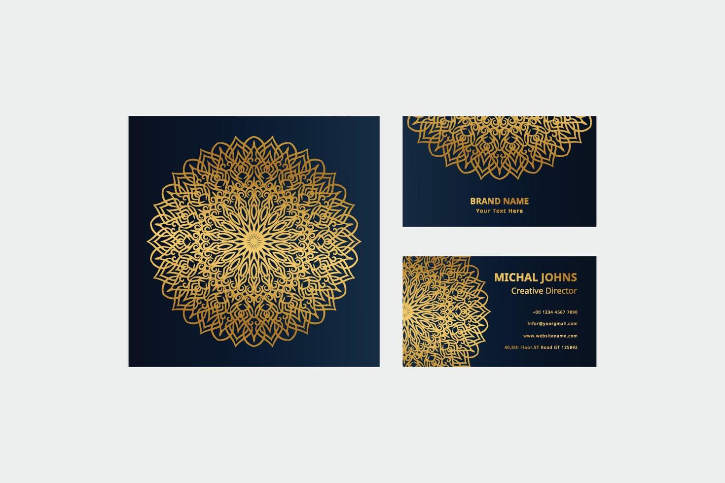 Gold business cards with flower oriental mandala free vector