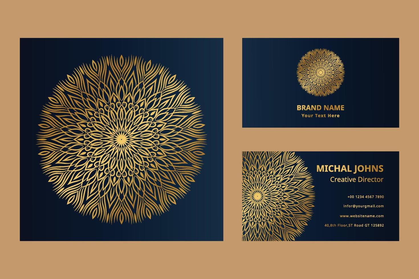 Gold business cards with flower oriental mandala pro vector