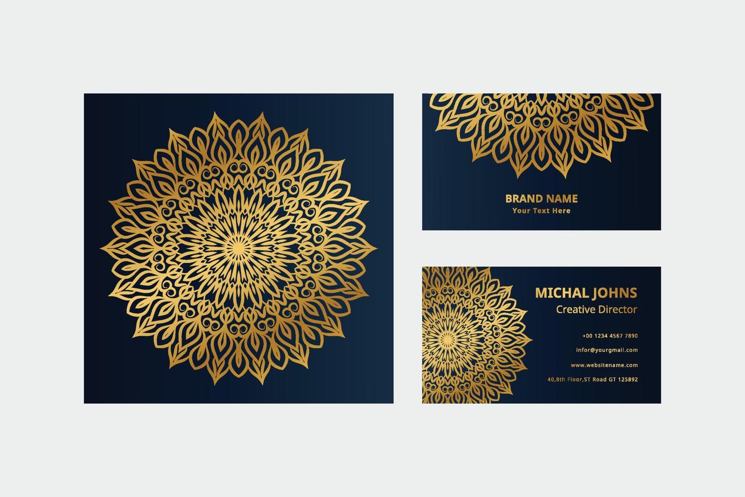 Gold business cards with flower oriental mandala free vector