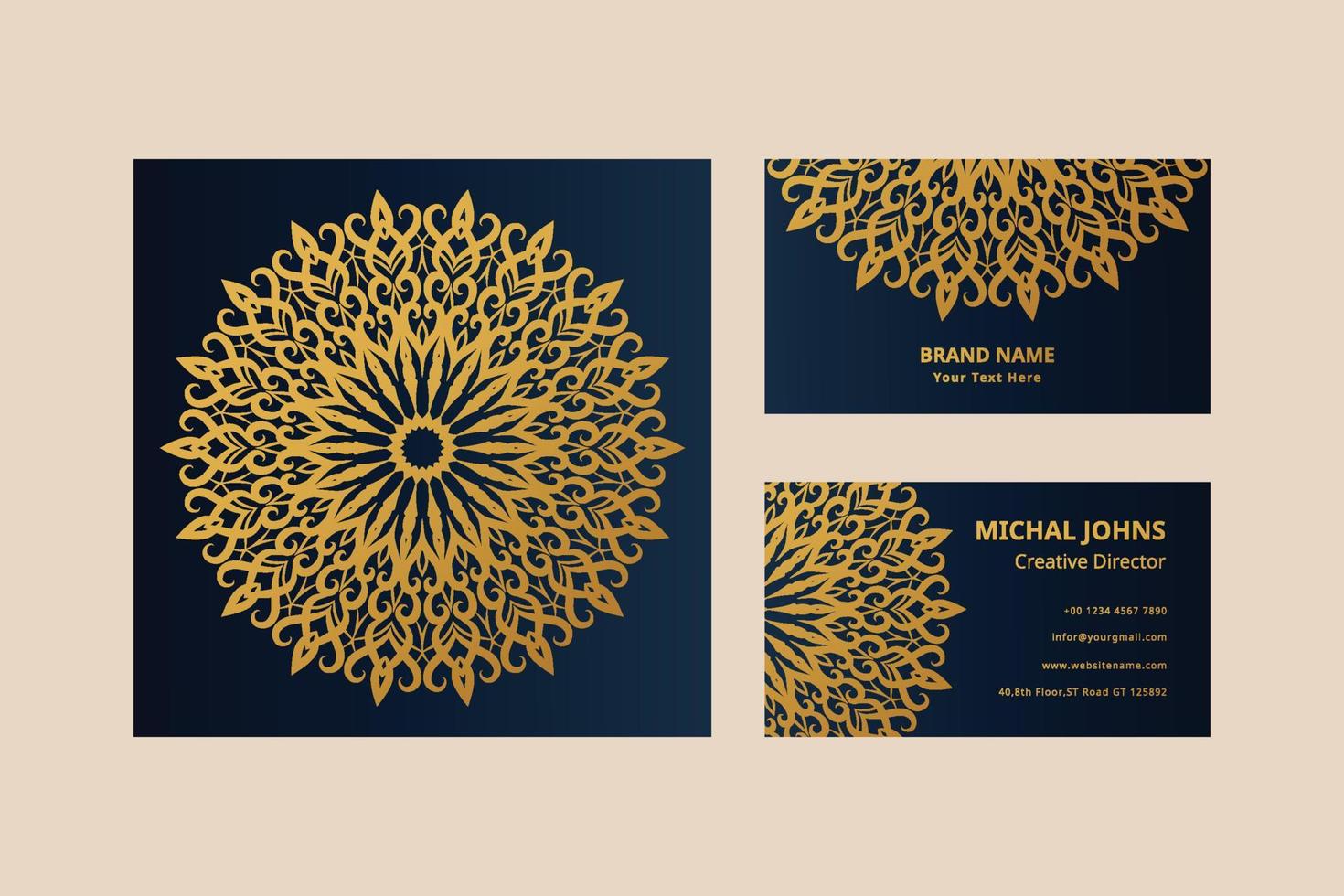 tarjetas de presentacion doradas con flor mandala oriental gratis vector