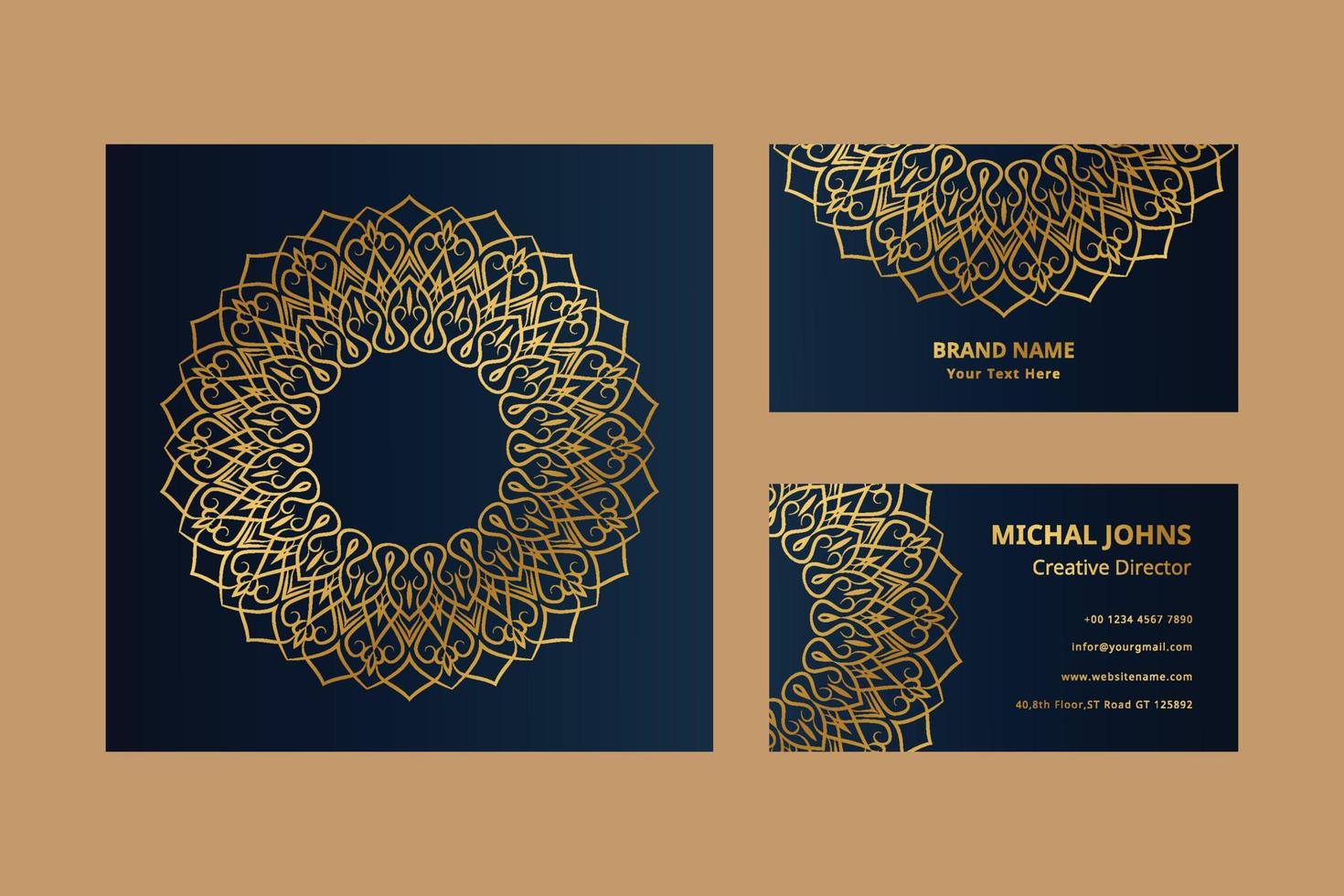 Gold business cards with flower oriental mandala free vector