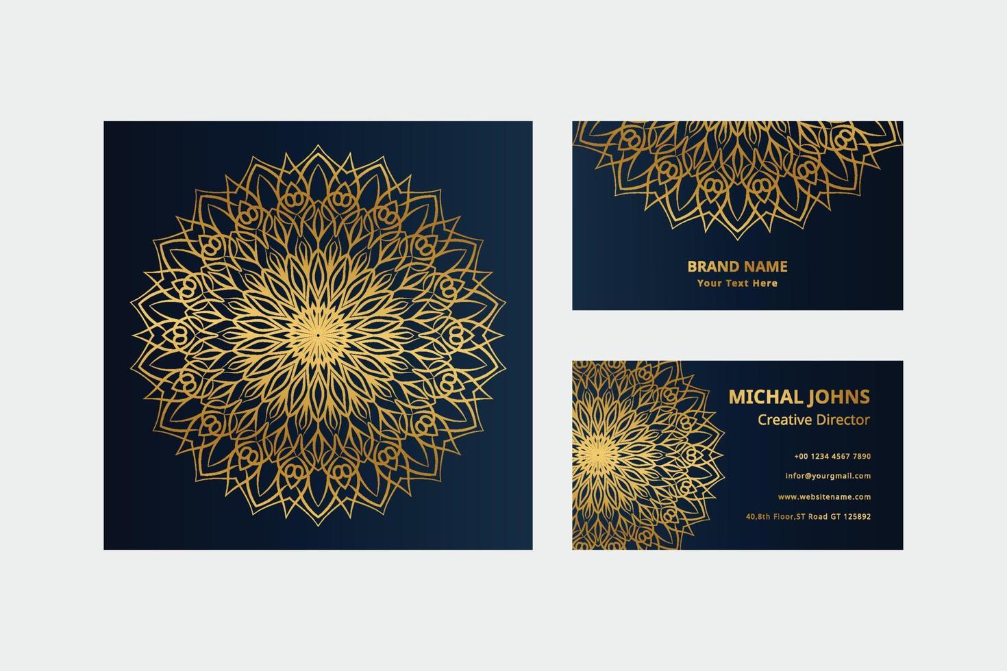 tarjetas de presentacion doradas con flor mandala oriental gratis vector