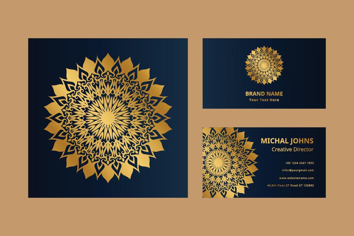 tarjetas de visita doradas con flor oriental mandala pro vector