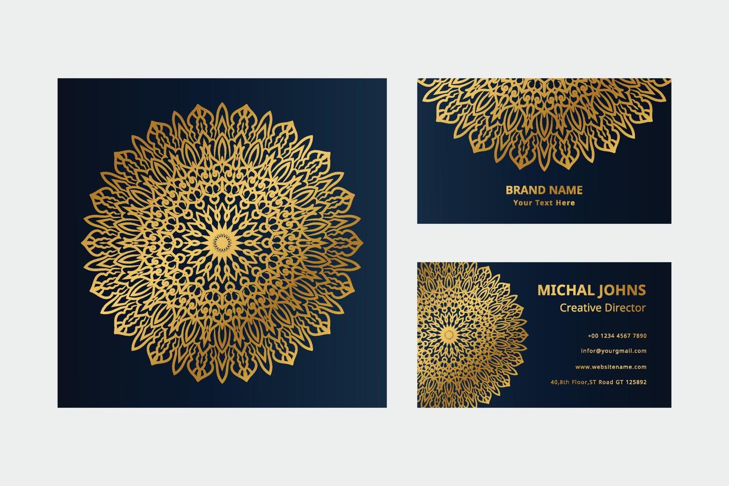 Gold business cards with flower oriental mandala free vector